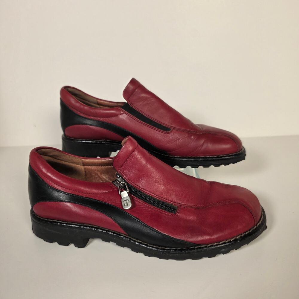 VTG Donald Pliner Red/Black Leather Slip On Shoes Side Zipper Womens 6.5 Loafer